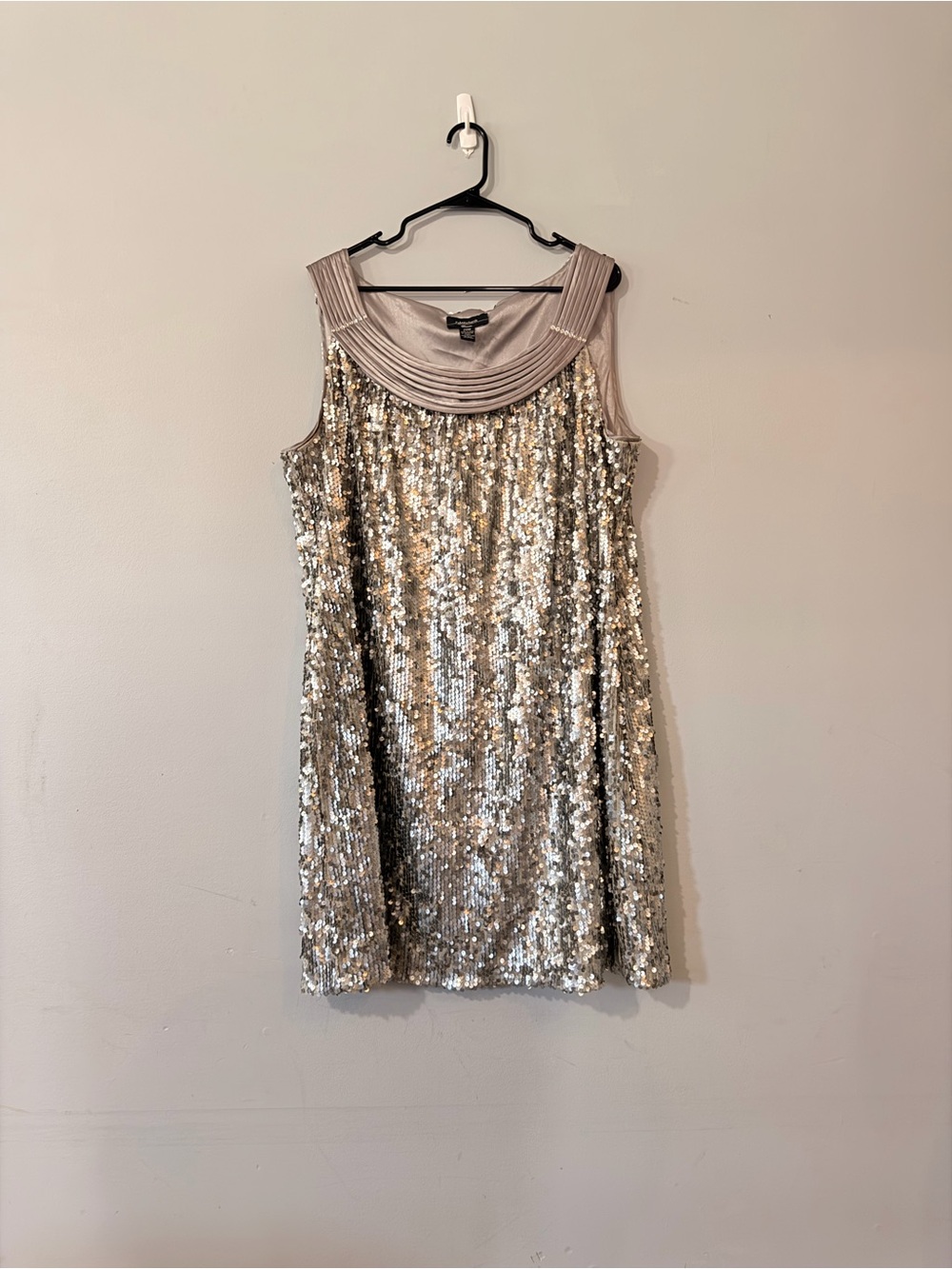 R&M Richards Silver Sequin Shift Dress with Draped Collar